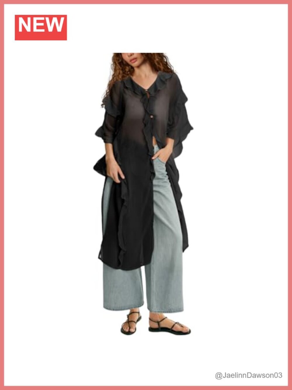 Sheer Chiffon Kimono Ruffle Long Sleeve Tie Front High Low Hem Boho Cover Up